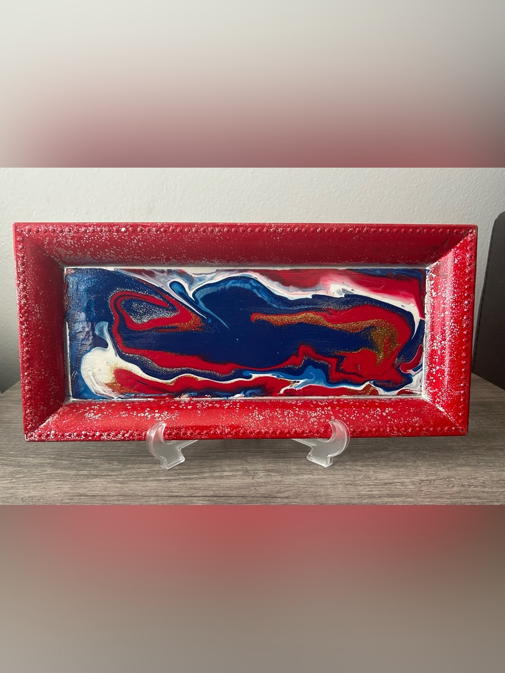 Abstract Red and Blue Acrylic Pour Art Tray